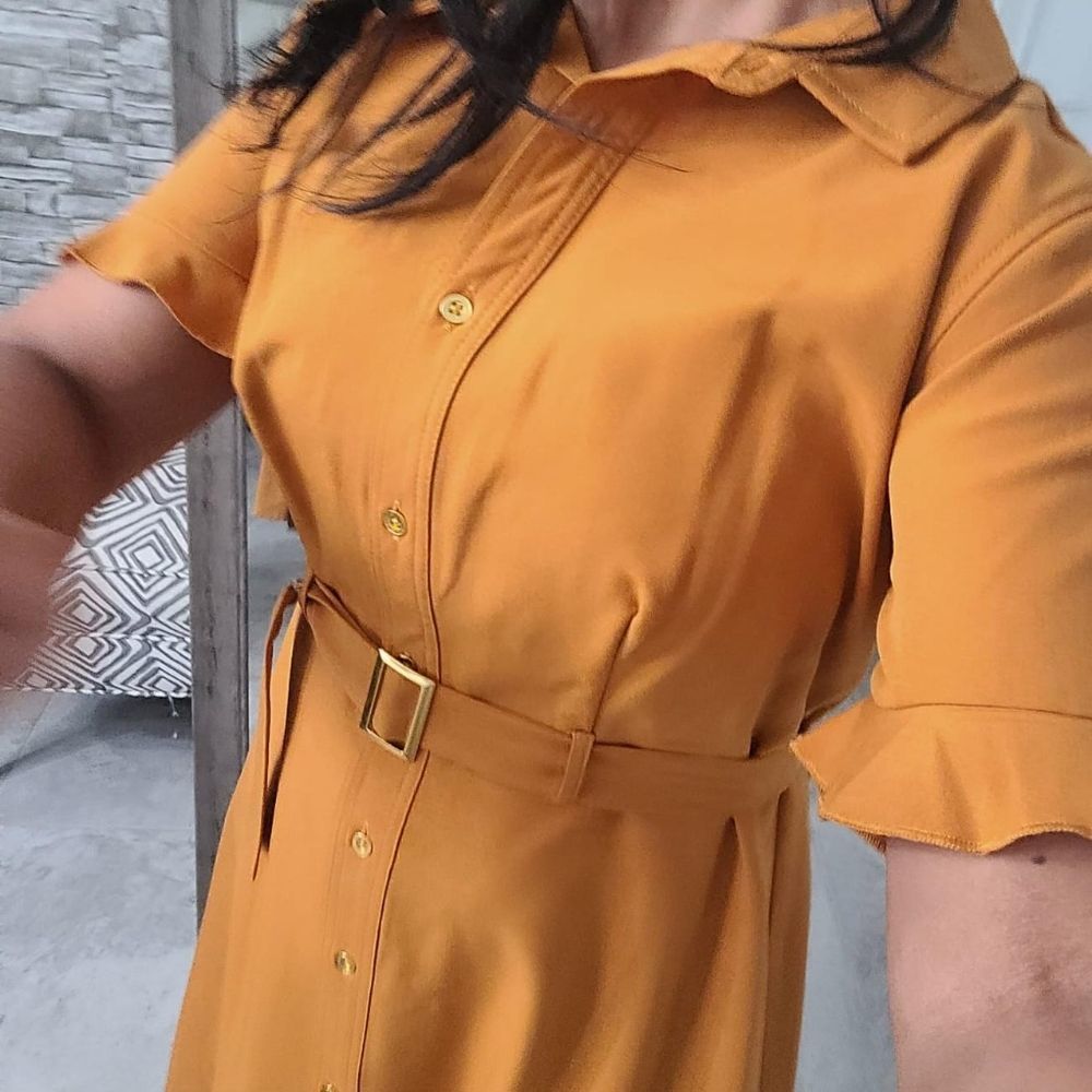 Solid Tie Waist Shirtdress  A tied waistline details this solid woven shirtdres - Picture 2 of 6